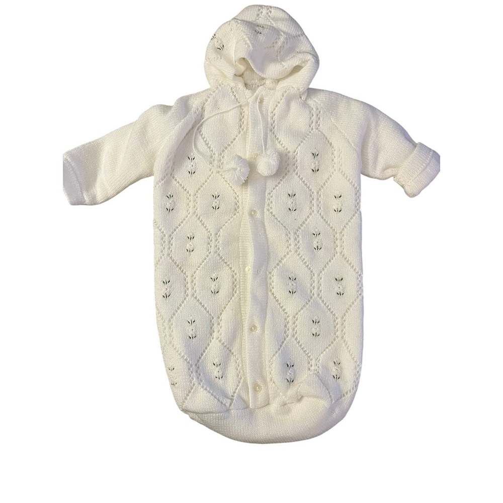 Vintage NWOT‎ Handmade Baby's White Knit Floral Embroidered Hooded Winter Suit